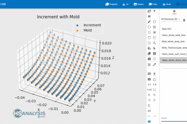 View of the current state (increment - blue) compared with the target state (mold - orange)